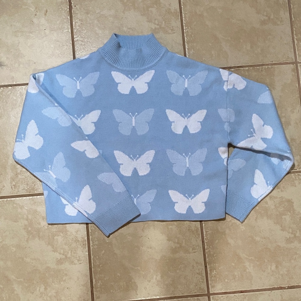H&M Blue and White Butterfly Turtleneck Sweater